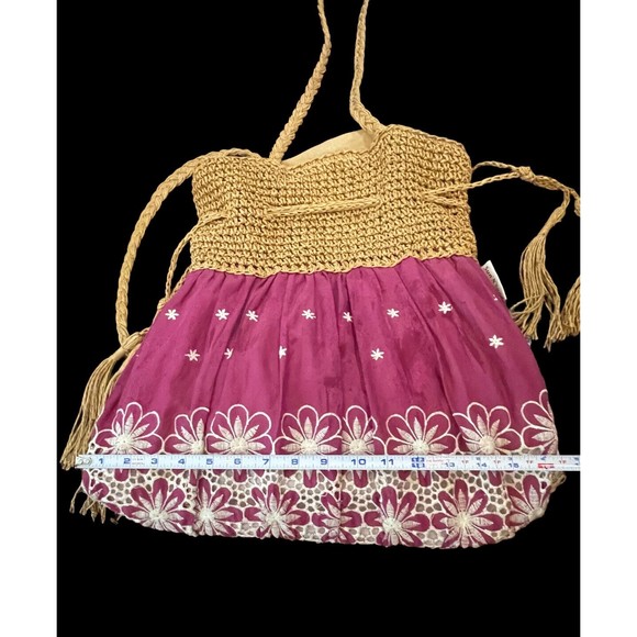 Sun ‘n’ Sand Orchid Embroidered Floral Straw Drawstring Beach Bag Tote Boho - Picture 5 of 8